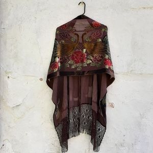 Poncho with Beaded Peacock Design and Fringe